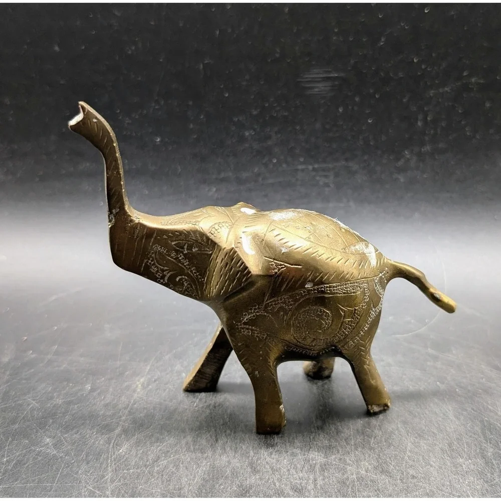 Vintage Etched Brass Elephant Figurine Trunk Up Good Luck Statue India Decor 6